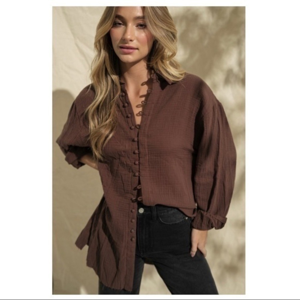 Papermoon Cotton Looped Button Front Blouse Long Tunic Length NWT Brown Medium